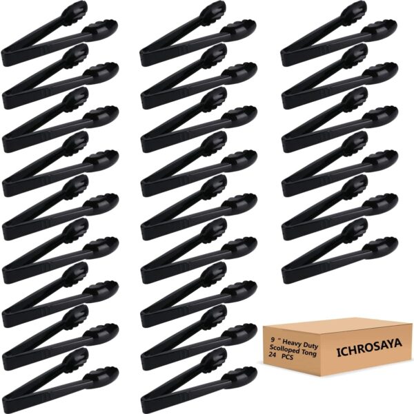 24 Pieces Plastic Serving Tongs for Kitchen, Disposable Utensils Set, 9 Inch Heavy Duty Scalloped Salad Tongs, Food Safe Material, Perfect for Buffets and BBQ, Black