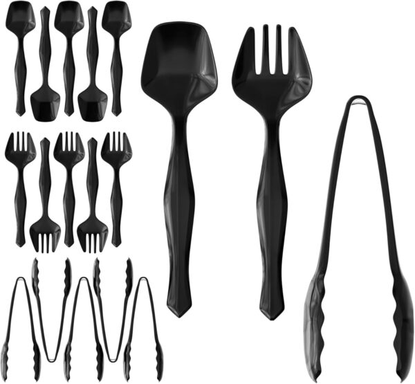 18 Pcs Black Plastic Serving Utensils - 6 Black Plastic Serving Spoons - 6 Black Plastic Tongs For Serving - 6 Plastic Serving Forks - Heavy Duty Black Disposable Serving Utensils Set For Parties