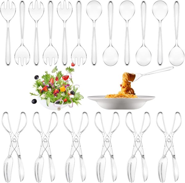 18 Pack Plastic Serving Utensils 9" Clear Disposable Utensils Set Includes 6 Pcs Serving Spoons 6 Pcs Serving Forks 6pcs Serving Tongs for Birthday Wedding Parties Buffet Cutlery Serving Food