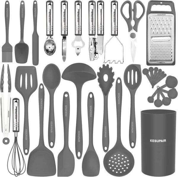 Kitchen Utensils Set - 446°F Heat Resistant Silicone Cooking Utensil Set-Kitchen Tools and Gadgets for Cooking Nonstick Cookware with Tongs,Turner,Spatula,Spoon,Brush,Peeler,Grater,Scissors (Gray)