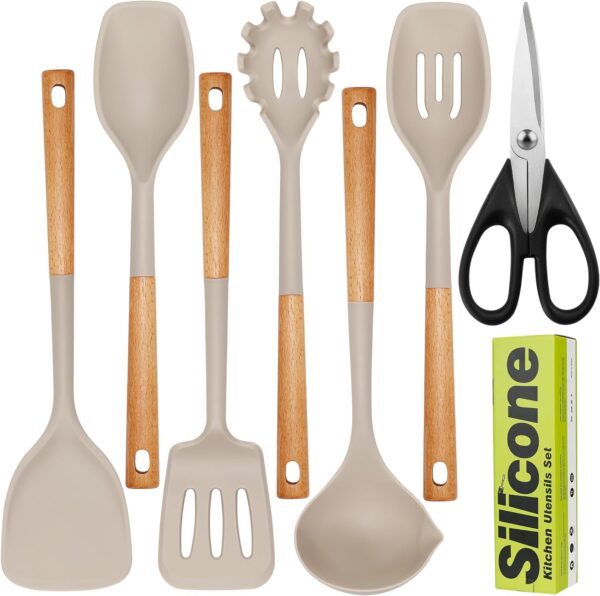 Large Cooking Utensils Set 7 Pcs Heat Resistant Silicone Kitchen Utensils Set Food Grade Silicone and Wooden Handles Spatula Soup Ladle Pasta Server Kitchen Gadgets Utensils Set (Khaki)