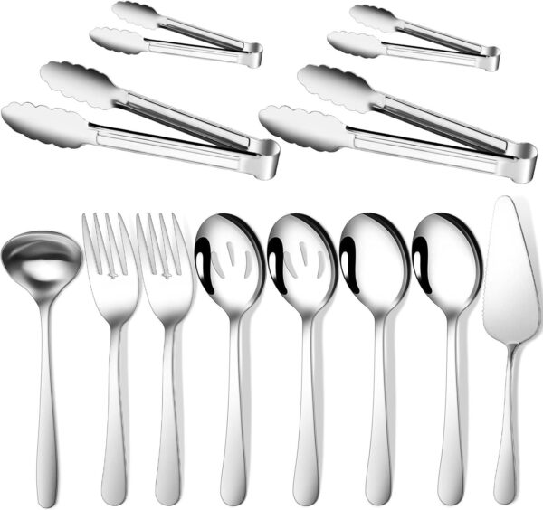 12 Pieces Serving Utensils Include Large Serving Spoons,Slotted Serving Spoons,Serving Forks,Serving Tongs,Appetizers Tongs,Soup Ladle and Pie Cake Server for Buffet Catering,Dishwasher Safe