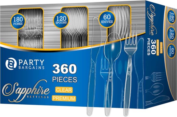 Party Bargains Disposable Cutlery set, SAPPHIRE Design, Clear Color, 360 Pieces: 180 Forks, 120 Spoons, 60 Knives