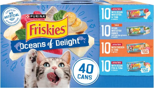 Purina Friskies Wet Cat Food Variety Pack, Oceans of Delight Flaked and Prime Filets - 5.5 Ounce (Pack of 40)