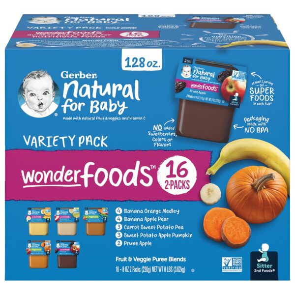 Gerber 2nd Foods Natural for Baby WonderFoods Baby Food, Variety Pack, 4 oz Tubs (32 Pack)