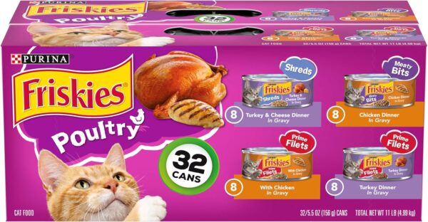 Purina Friskies Gravy Wet Cat Food Variety Pack, Poultry Shreds, Meaty Bits & Prime Filets - (Pack of 32) 5.5 oz. Cans