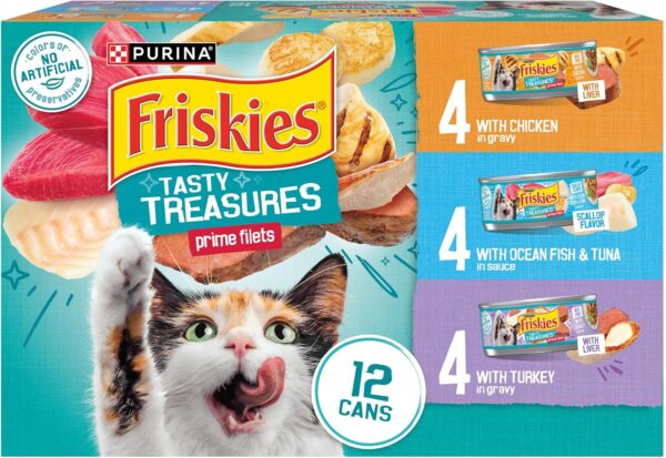 Purina Friskies Wet Cat Food Variety Pack, Tasty Treasures Prime Filets (With Ocean Fish and Tuna, With Chicken and With Turkey) - 5.5 Ounce (Pack of 12)