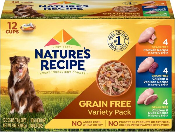 Nature's Recipe Grain Free Wet Dog Food, Chicken/Venison/Duck Variety Pack, 2.75 Ounce Cup (Pack of 24)