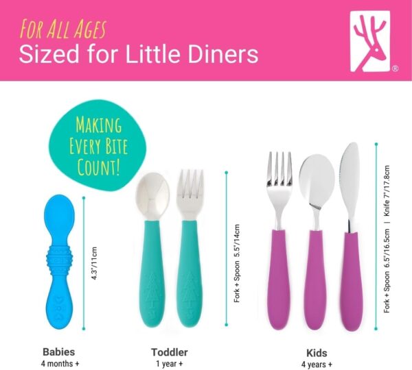 Elk and Friends Kids Silverware with Silicone Handle | Childrens Safe Flatware | Toddler Utensils | Baby Spoons + Forks | Stainless Steel Cutlery - Image 5