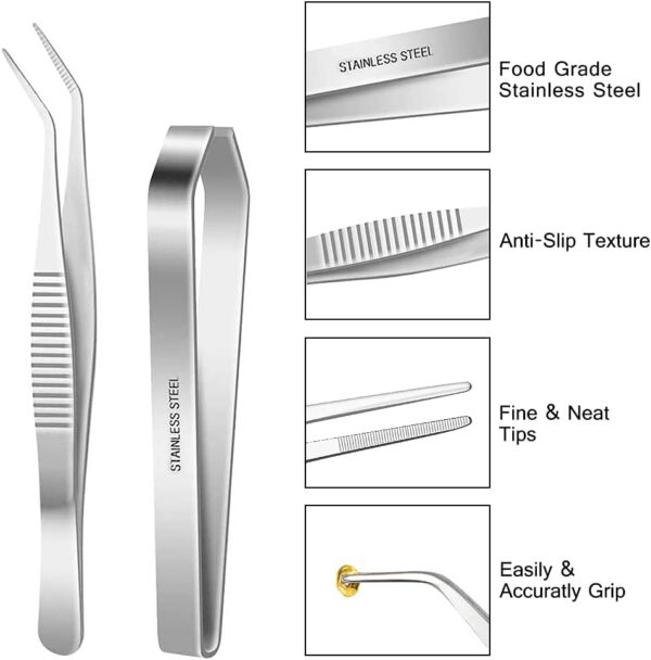 SelfTek 5Pack Fish Bone Tweezers Set Stainless Steel Cooking Tweezers Precision Tongs Serrated Tips, Flat and Slant Fish Bone Pliers for Cooking Sea Food Styling Utensils Medical Beauty - Image 4