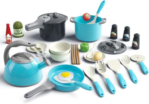 Bruvoalon 32Pcs Kids Play Kitchen Toys Set, Toddlers Pretend Cooking Playset Acccessories with Pots Pans, Utensils Cookware, Foods, Canned Veges, Learning Gift for Kids Girls Boys (Turquoise) - Image 7