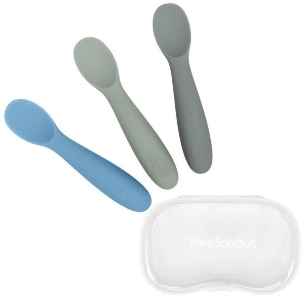 WeeSprout Baby Spoons for Self Feeding 6 Months +, Soft & Durable Silicone Utensils for Sensitive Gums & Teeth, Easy Grip Handles & Shorter Length for Little Hands, 3 Pack + Carrying Case