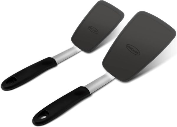 Unicook 2 Pack Flexible Silicone Spatula, Turner, 600F Heat Resistant, Ideal for Flipping Eggs, Burgers, Crepes and More, Black