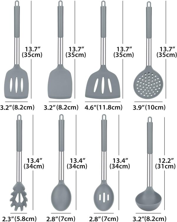 Silicone Cooking Utensil Set, 8Pcs Non-stick Cookware with Stainless Steel Handle, BPA Free Heat Resistant Kitchen Tools with Spatulas, Turnesr, Spoons, Skimer and Pasta Fork (GRAY) - Image 2