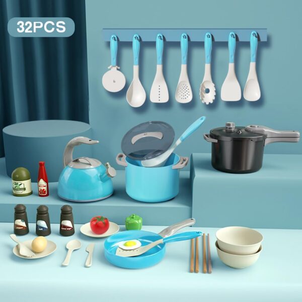 Bruvoalon 32Pcs Kids Play Kitchen Toys Set, Toddlers Pretend Cooking Playset Acccessories with Pots Pans, Utensils Cookware, Foods, Canned Veges, Learning Gift for Kids Girls Boys (Turquoise) - Image 2