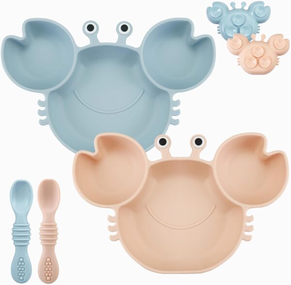 PandaEar 2 Pack Silicone Suction Plate for Baby, Divided Unbreakable Toddler Food Plate with 2 Pack Spoons for Self Feeding, Toddler Utensils Feeding Set Baby Eating Supplies, Crab Shape (Blue&Pink)