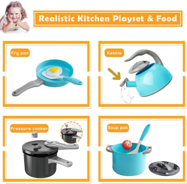 Bruvoalon 32Pcs Kids Play Kitchen Toys Set, Toddlers Pretend Cooking Playset Acccessories with Pots Pans, Utensils Cookware, Foods, Canned Veges, Learning Gift for Kids Girls Boys (Turquoise) - Image 4