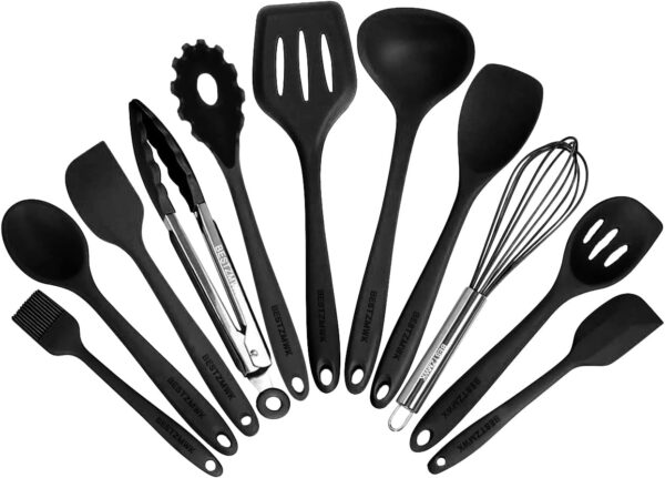 Kitchen Utensil Set - 11 Cooking Utensils - Colorful Silicone Kitchen Utensils - Nonstick Cookware with Spatula Set - Colored Best Kitchen Tools Kitchen Gadgets (Black)