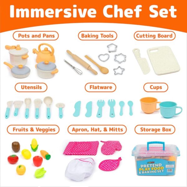 Kids Cooking and Baking Chef Set with Sliceable Play Food - Pretend Play Toddler Kitchen Toys - Kid Chef Apron, Fruit, Veggies, Hat & Utensils Kids Toy (Chef Set with Play Food) - Image 2