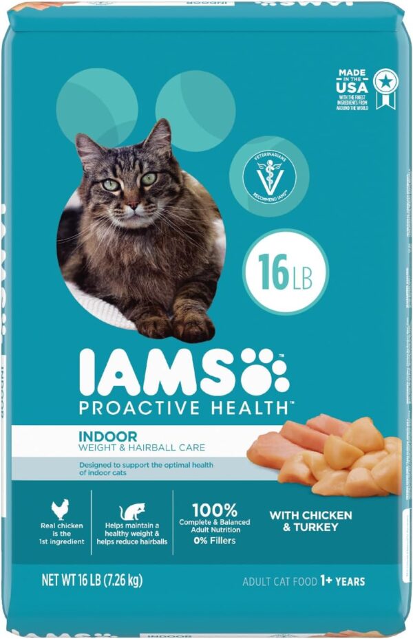 IAMS PROACTIVE HEALTH Adult Indoor Weight Control & Hairball Care Dry Cat Food with Chicken & Turkey Cat Kibble, 16 lb. Bag