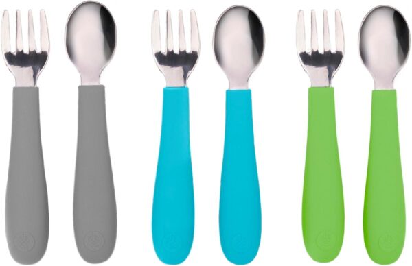 WeeSprout Toddler Utensils, 3 Forks & 3 Spoons, 18/8 Stainless Steel & Food Grade Silicone, Thick Easy-Grip Handles, Perfect Length For New Self Feeders, Gentle On Gums & Teeth, Dishwasher Safe