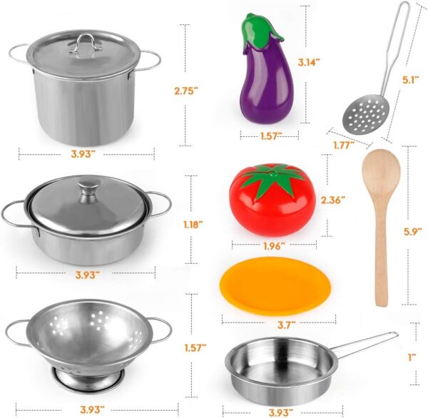 D-FantiX Play Kitchen Accessories, Kids Play Pots and Pans Playset with Mini Stainless Steel Pretend Play Cooking Toys, Cookware Utensils, Apron and Chef Hat, Cutting Food for Toddler Boys Girls - Image 6