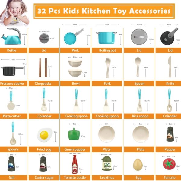 Bruvoalon 32Pcs Kids Play Kitchen Toys Set, Toddlers Pretend Cooking Playset Acccessories with Pots Pans, Utensils Cookware, Foods, Canned Veges, Learning Gift for Kids Girls Boys (Turquoise) - Image 3