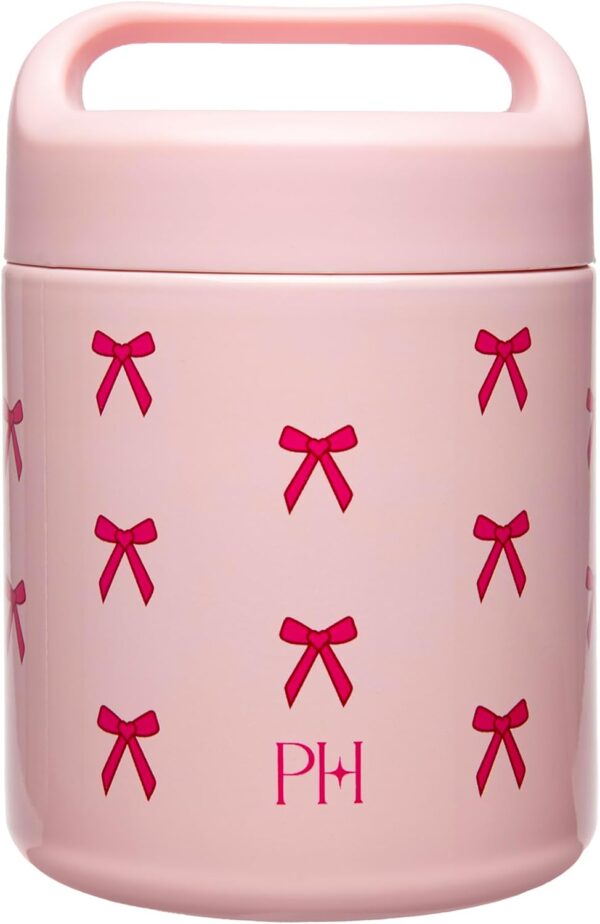 Paris Hilton Stainless Steel Food Jar, Double Wall Vacuum Sealed Insulated Food Storage Container with Carry Handle Lid, 12-Ounce, Pink with Bow Design