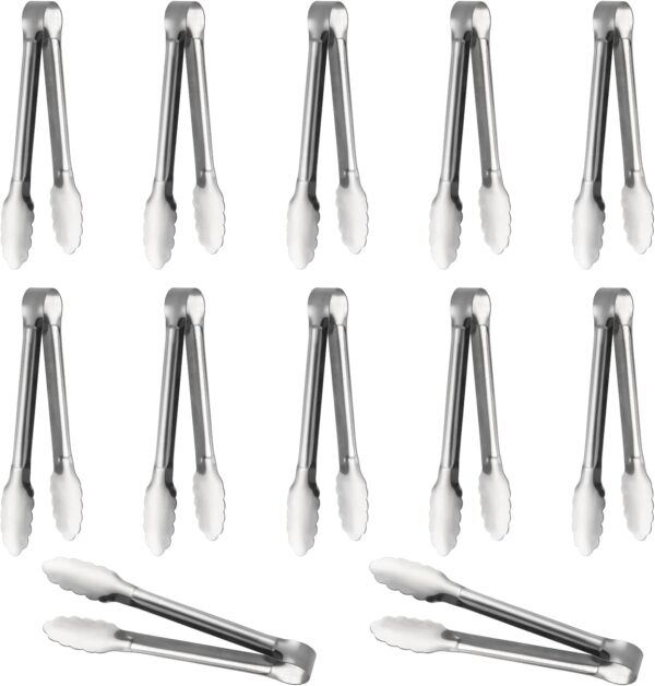 Serving Tongs,Buffet Tongs, Stainless Steel Food Tong Serving Tong Small Serving Tongs Stainless Steel Mini Appetizer Tongs, Set of 6 (5 Inch(12 Pack) (silver)