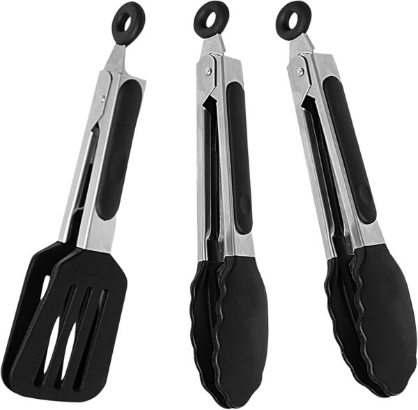 Mini Silicone Serving Tongs Set of 3, Small Kitchen Tongs (7 inch) with Silicone Tips and Stainless Steel Handle, Cooking Tongs for Salads, Pasta, Steaks, Vegetables