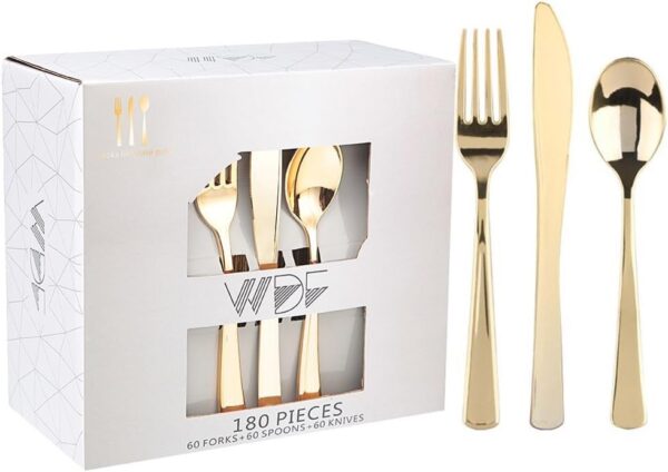 WDF 180 Pieces Disposable Plastic Gold Silverware Cutlery - Plastic Flatware Set 60 Forks, 60 Knives and 60 Spoons - Heavy Duty Gold Plastic Cutlery - Gold Utensils for Thanksgiving Party, Wedding