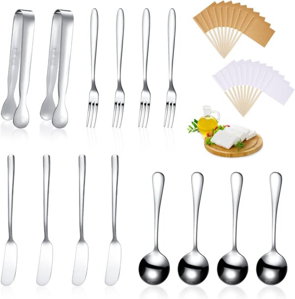 Patelai Cheese Butter Spreader Knives Set Charcuterie Accessories Stainless Steel Spreader Knives Charcuterie Boards Utensils Mini Serving Tongs Spoons and Forks for Appetizers Pastry(Silver)