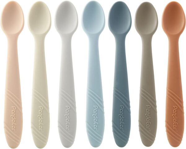 PandaEar 7 Pack Silicone Baby Feeding Spoons, First Stage Training Spoon Infant Utensils Feeding Supplies, BPA Free Gum-Friendly Soft Tip Baby Led Weaning Spoon