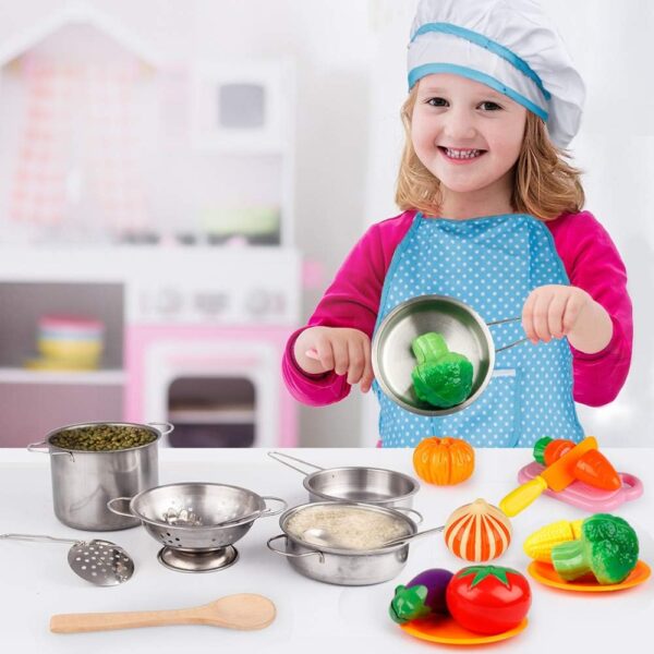 D-FantiX Play Kitchen Accessories, Kids Play Pots and Pans Playset with Mini Stainless Steel Pretend Play Cooking Toys, Cookware Utensils, Apron and Chef Hat, Cutting Food for Toddler Boys Girls - Image 5