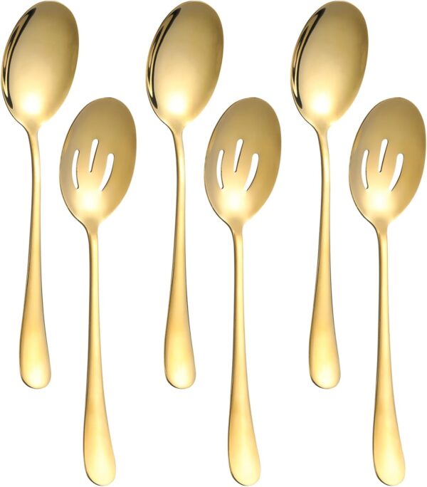 6 Pieces Serving Spoons Set, 8.7 Inch Serving Spoon, Includes 3 Serving Spoons and 3 Slotted Spoons, Stainless Steel Buffet Banquet Spoons, Large Spoons Utensils Cutlery Set for Kitchen, Gold