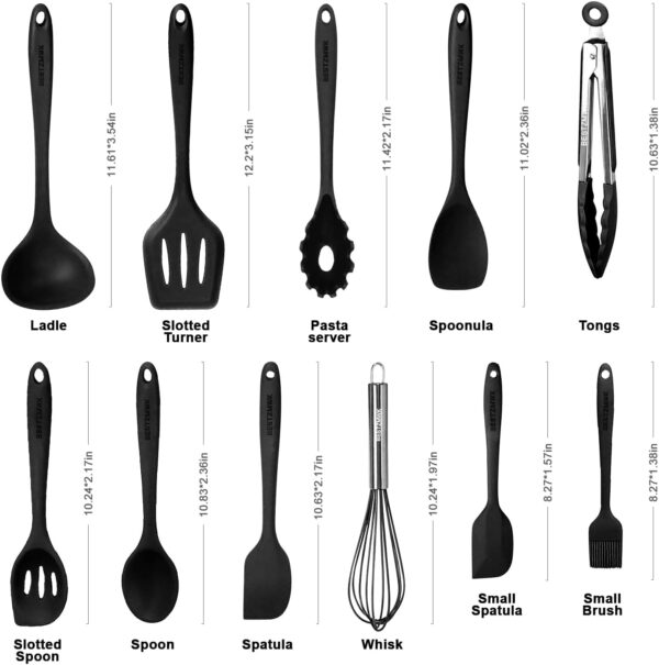 Kitchen Utensil Set - 11 Cooking Utensils - Colorful Silicone Kitchen Utensils - Nonstick Cookware with Spatula Set - Colored Best Kitchen Tools Kitchen Gadgets (Black) - Image 2