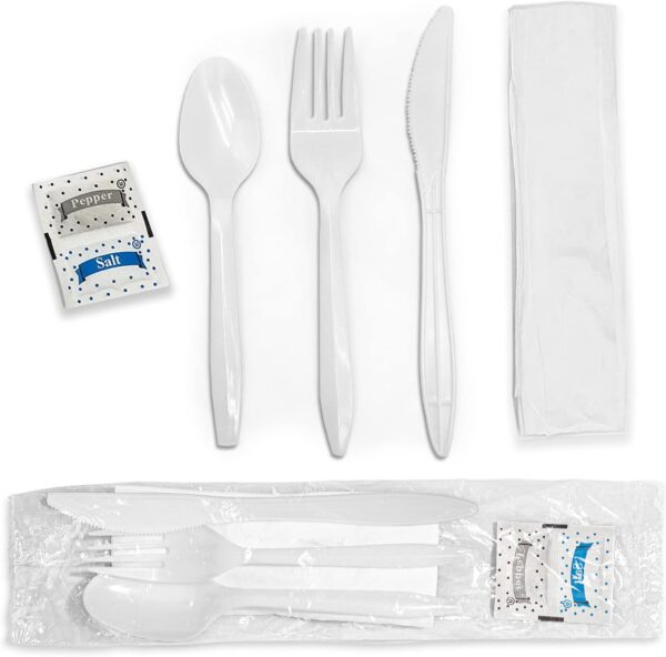 Individually Wrapped Plastic Cutlery Set with Napkin + Salt & Pepper Packets in White (50 Count) Prewrapped Disposable Silverware Bags, Bulk Utensils: Fork, Knife, and Spoon for Togo Eating