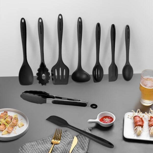 Kitchen Utensil Set - 11 Cooking Utensils - Colorful Silicone Kitchen Utensils - Nonstick Cookware with Spatula Set - Colored Best Kitchen Tools Kitchen Gadgets (Black) - Image 3