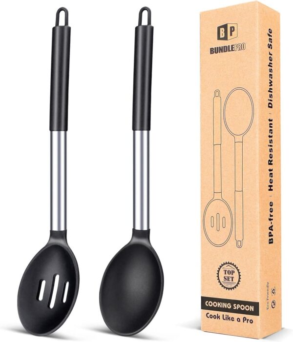 Pack of 2 Large Silicone Cooking Spoons,Non Stick Solid Basting Spoon,Heat-Resistant Kitchen Utensils for Mixing,Serving,Draining,Stirring (BLACK)