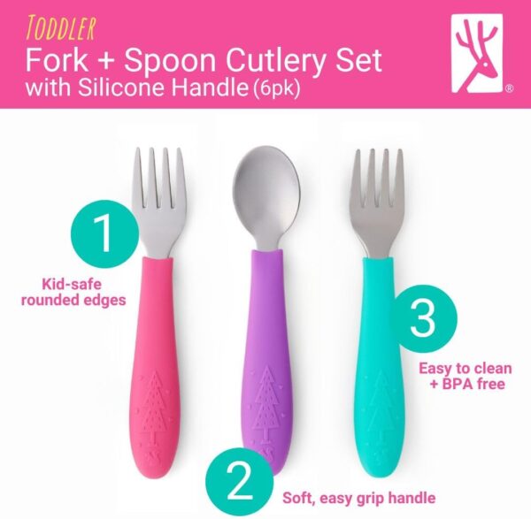 Elk and Friends Kids Silverware with Silicone Handle | Childrens Safe Flatware | Toddler Utensils | Baby Spoons + Forks | Stainless Steel Cutlery - Image 3