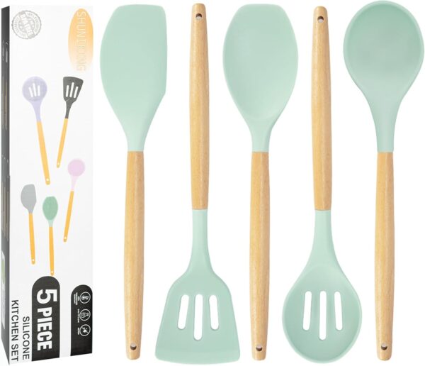 Kitchen Utensils Set, 5 Pcs Non-Stick Silicone Kitchen Cooking Utensils with Wooden Handle, Kitchen Spatula Cookware Utensils Set, Heat Resistant Silicone Kitchen Gadgets (Light Green)