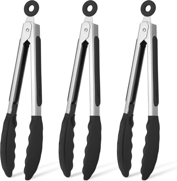 Hotec Mini Silicone Kitchen Tongs for Cooking - 7-Inch Small Serving Tongs with Silicone Tips, Set of 3 (Black)