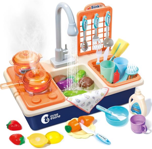 CUTE STONE Pretend Play Kitchen Sink Toys with Play Cooking Stove, Pot and Pan with Spray Realistic Light and Sound, Dish Rack & Play Cutting Food, Utensils Tableware Accessories for Kids Toddlers