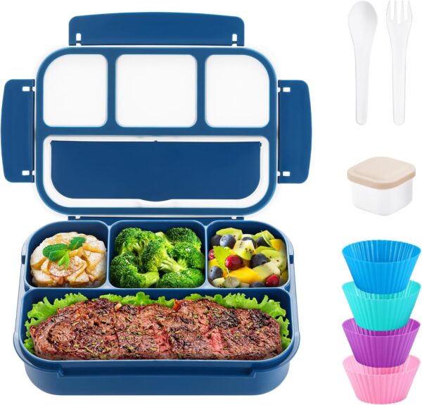 QQKO 4-Compartment Bento Box for Adults - 1200 ML Leak-Proof Food Container With Muffin Cups, Utensils, Sauce Jar - Microwave & Dishwasher Safe