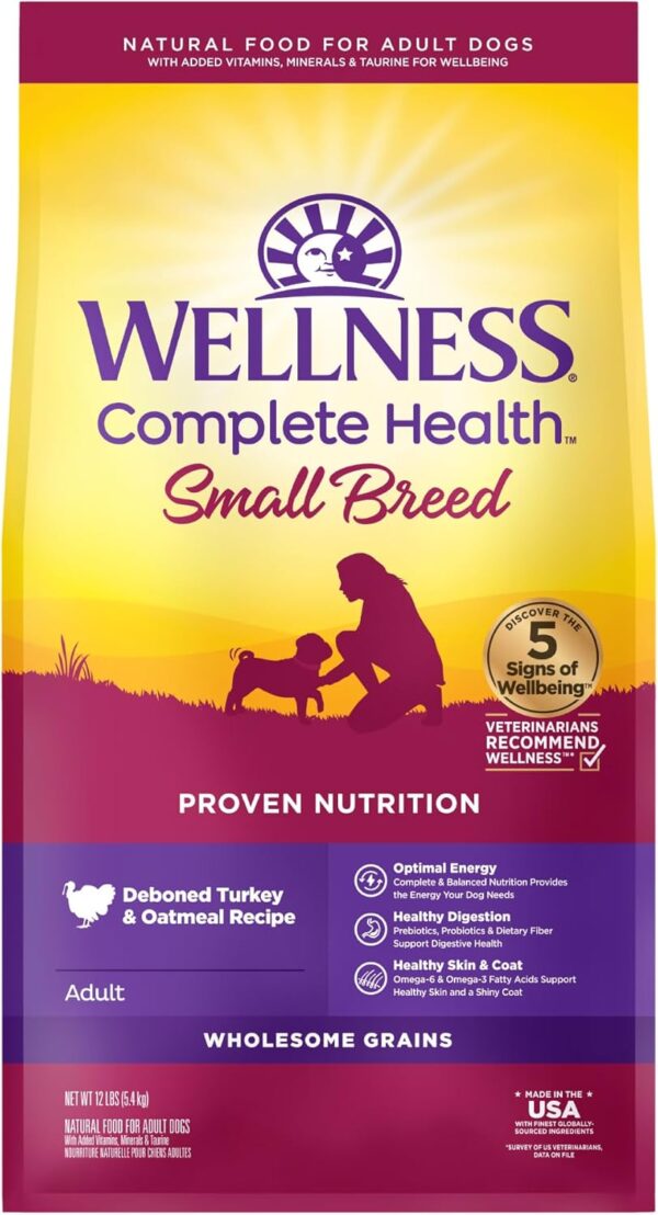 Wellness Complete Health Small Breed Adult Dry Dog Food with Grains and Real Turkey, Natural Ingredients, Omega Fatty Acids, and Probiotics, Made in USA (12-Pound Bag)”