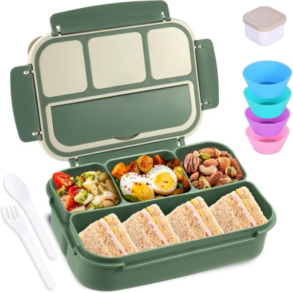 Bento Box Adult Lunch Box, Lunch Containers for Kids Girls Boys with 4 Compartments, Lunchable Food Container with Utensils, Sauce Jar, Muffin Liners, 40 Oz/5 Cup, Microwave & Dishwasher Safe, Green