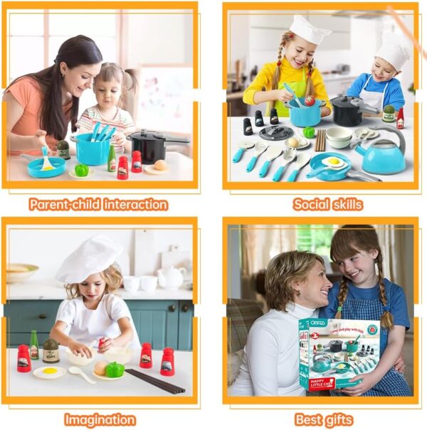 Bruvoalon 32Pcs Kids Play Kitchen Toys Set, Toddlers Pretend Cooking Playset Acccessories with Pots Pans, Utensils Cookware, Foods, Canned Veges, Learning Gift for Kids Girls Boys (Turquoise) - Image 6