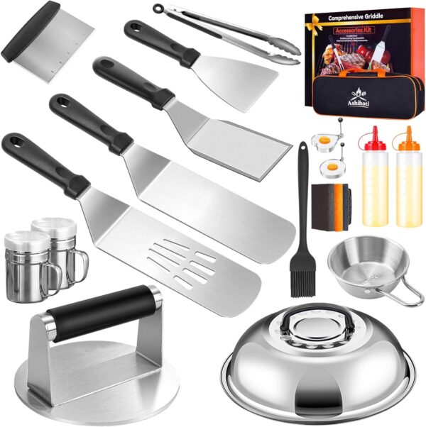 Griddle Accessories BBQ Grill Set - 20pcs Stainless Steel Barbecue Tools Kit for Blackstone with Griddle Spatula Basting Cover Grill Mats Carry Bag for Camping,Flat Top Camp Chef Utensil