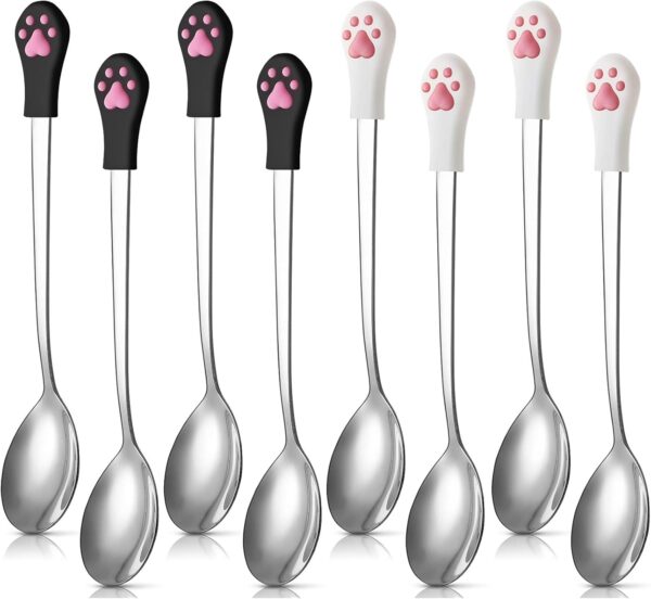 8 Pieces Dog Cat Food Spoon Pet Can Food Spoon Stainless Steel and Silicone Food Canned Scoop Cute Cat Claw Spoon for Dog and Cat Can Food, White and Black