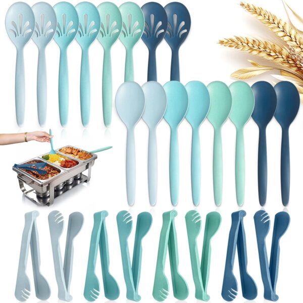 Reusable Plastic Serving Utensils Set of 24, Wheat straw Large Serving set 10" Serving Spoons/10" Slotted Spoons/9.4" Tongs, for Party Buffet Catering (Ocean, Not for Cooking)